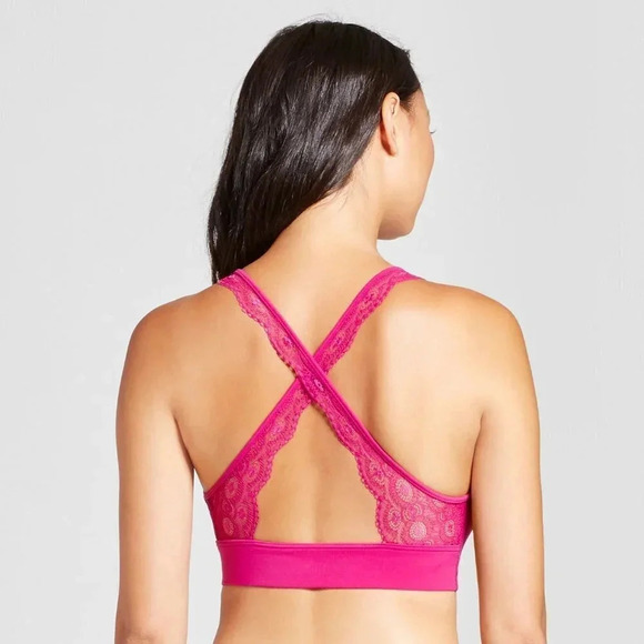 XS Gilligan O'Malley Lightly Lined Lace Back Wire Free Bralette Springtime Pink - Picture 5 of 6